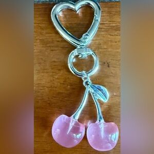 NEW Silver Pink Cherries and Heart Keychain Bag Charm
